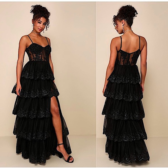 Lulus Dresses & Skirts - Lulus Alluring Sensation Black Tulle Embroidered Tiered Maxi Dress, Size XS, NWT